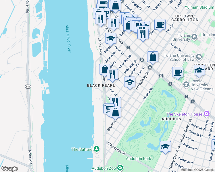 map of restaurants, bars, coffee shops, grocery stores, and more near 134 Cherokee Street in New Orleans