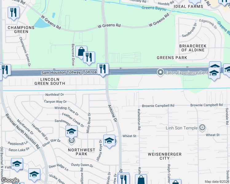 map of restaurants, bars, coffee shops, grocery stores, and more near 3539 North Sam Houston Parkway West in Houston