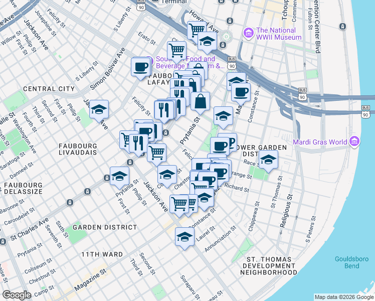 map of restaurants, bars, coffee shops, grocery stores, and more near 1426 Urania Street in New Orleans