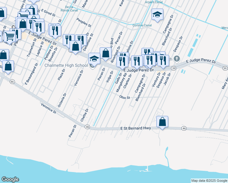 map of restaurants, bars, coffee shops, grocery stores, and more near 2413 Gallo Drive in Chalmette