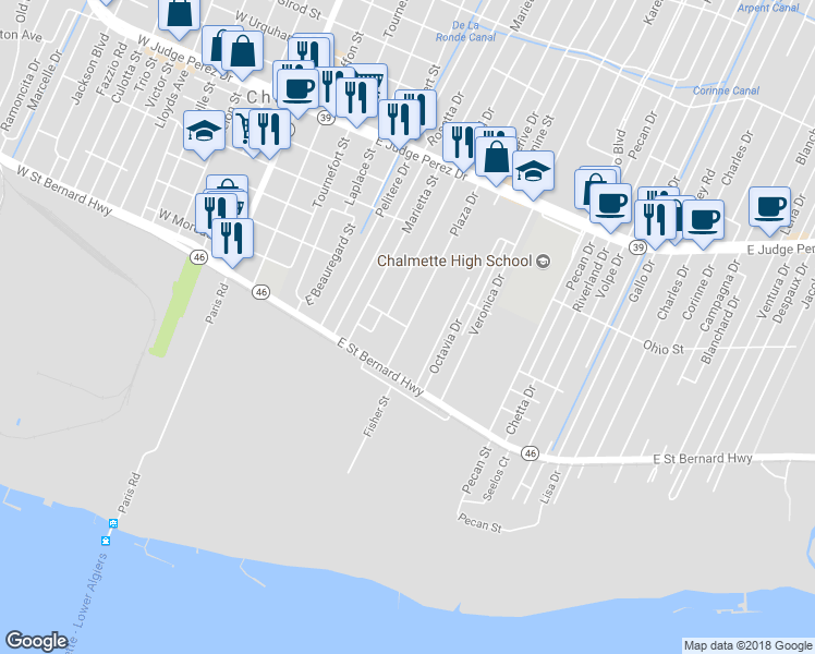 map of restaurants, bars, coffee shops, grocery stores, and more near 2229 Plaza Drive in Chalmette