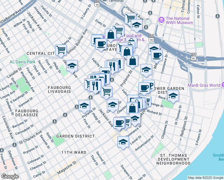 map of restaurants, bars, coffee shops, grocery stores, and more near 1900 Saint Charles Avenue in New Orleans