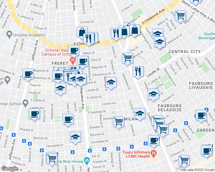 map of restaurants, bars, coffee shops, grocery stores, and more near 2415 Marengo Street in New Orleans