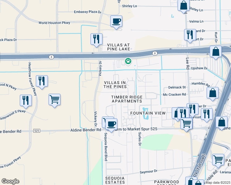 map of restaurants, bars, coffee shops, grocery stores, and more near Aeropark Drive in Houston