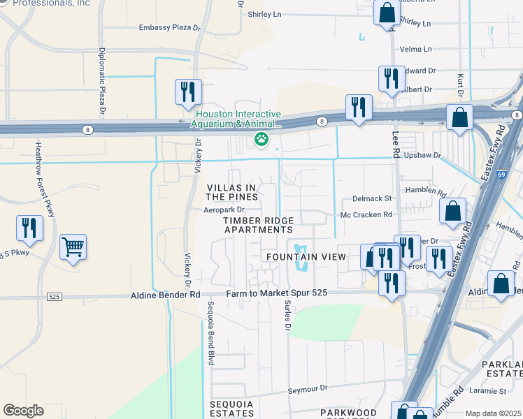 map of restaurants, bars, coffee shops, grocery stores, and more near 5460 Aeropark Road in Houston