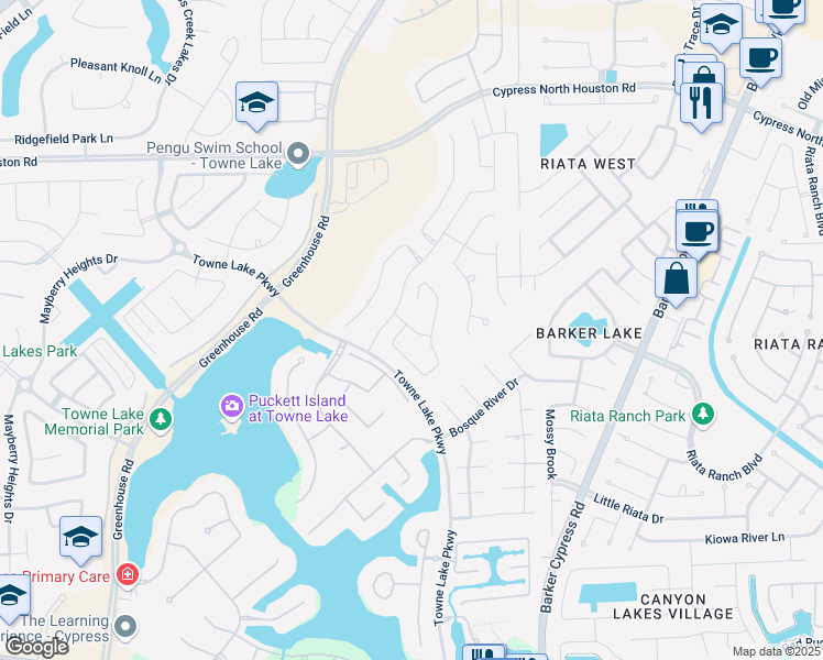 map of restaurants, bars, coffee shops, grocery stores, and more near 17930 Bandera Ridge Lane in Cypress