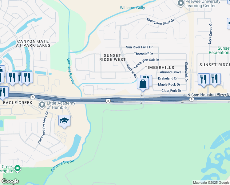 map of restaurants, bars, coffee shops, grocery stores, and more near North Sam Houston Parkway East in Humble