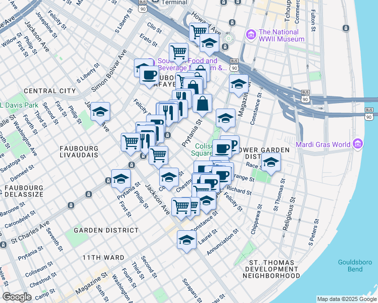 map of restaurants, bars, coffee shops, grocery stores, and more near 1428 Urania Street in New Orleans