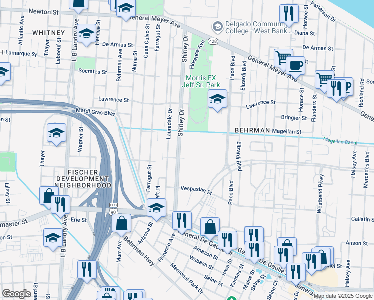 map of restaurants, bars, coffee shops, grocery stores, and more near 1638 Shirley Drive in New Orleans