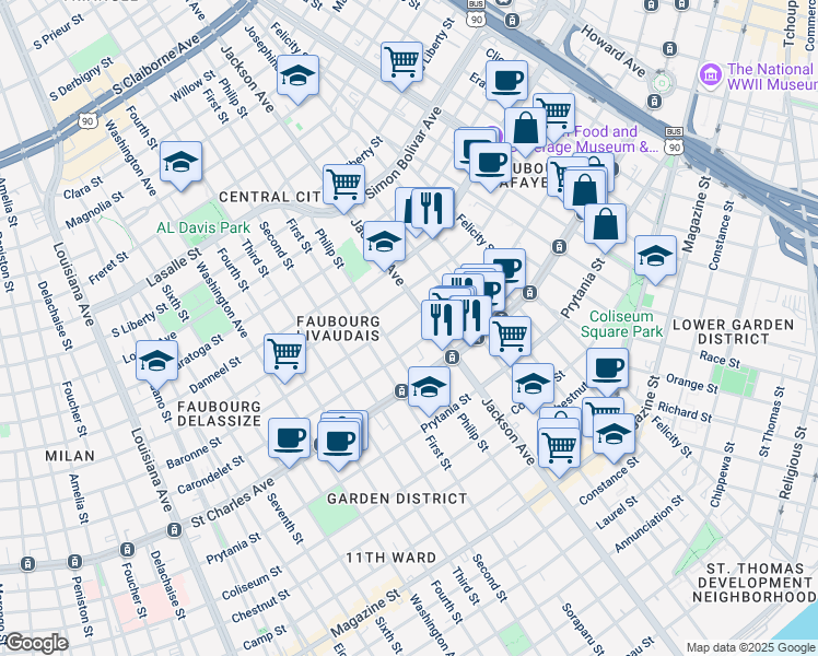 map of restaurants, bars, coffee shops, grocery stores, and more near 2221 Brainard Street in New Orleans