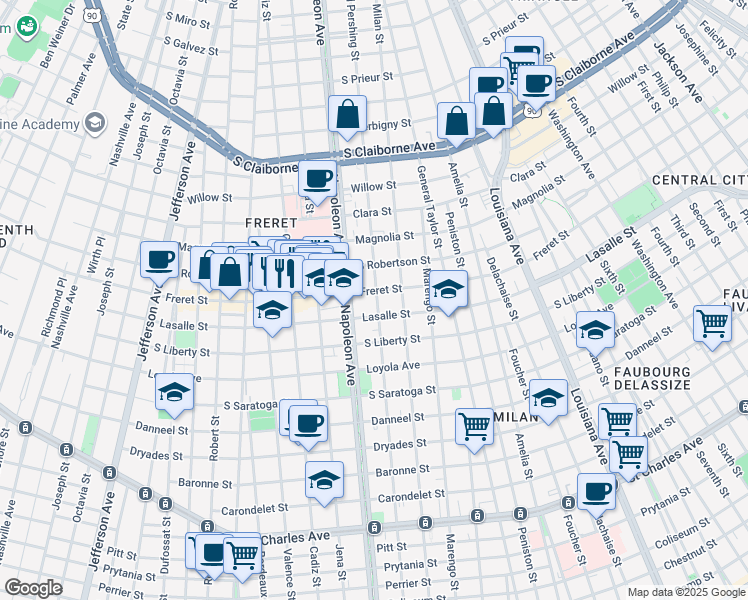 map of restaurants, bars, coffee shops, grocery stores, and more near 2506 General Pershing Street in New Orleans