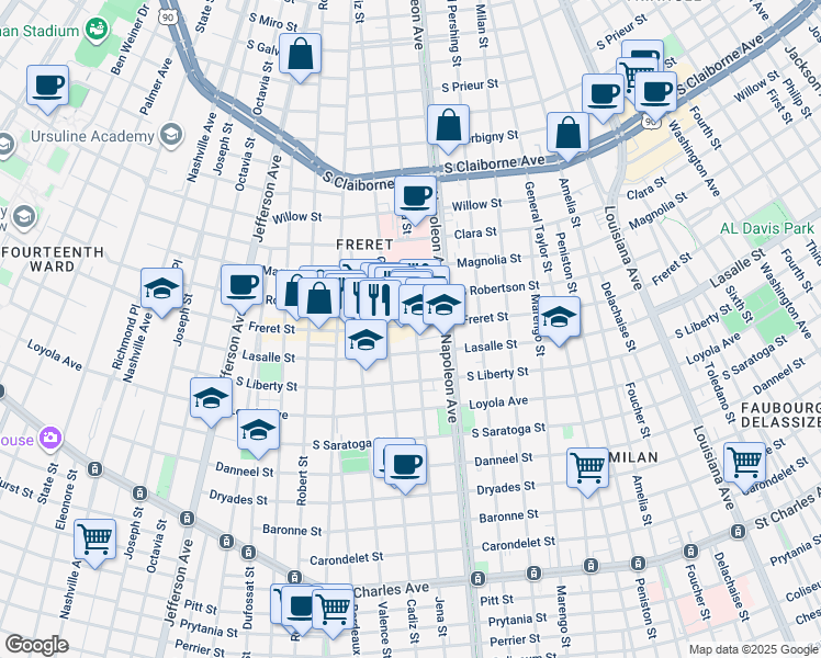 map of restaurants, bars, coffee shops, grocery stores, and more near 2519 Cadiz Street in New Orleans