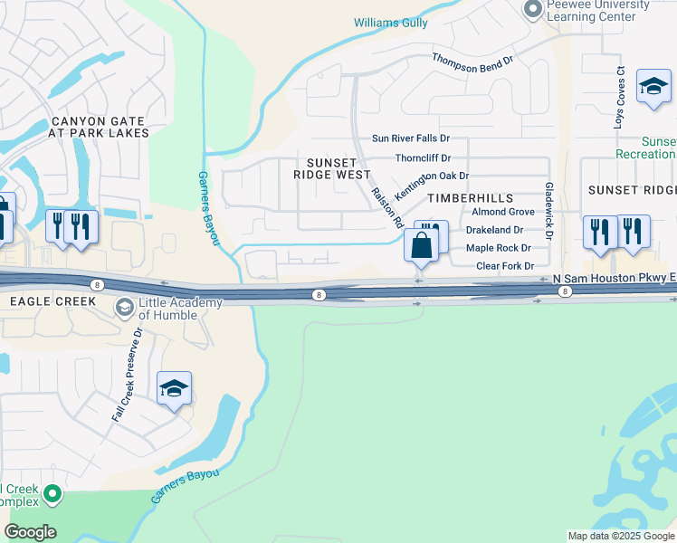 map of restaurants, bars, coffee shops, grocery stores, and more near North Sam Houston Parkway East in Humble