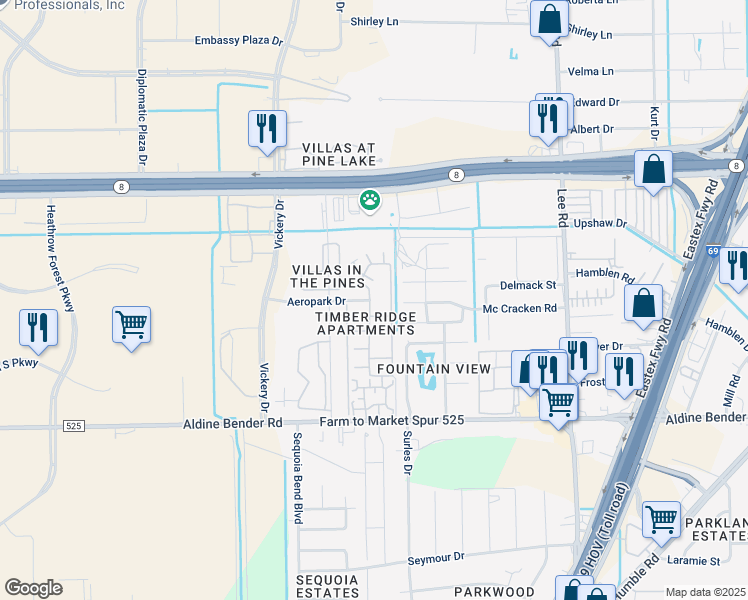 map of restaurants, bars, coffee shops, grocery stores, and more near 5350 Aeropark Drive in Houston