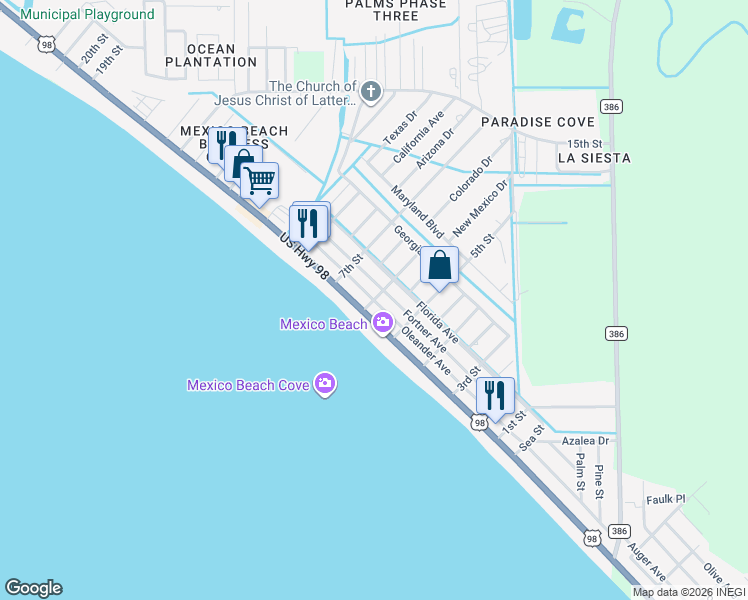 map of restaurants, bars, coffee shops, grocery stores, and more near 607 Oleander Avenue in Mexico Beach
