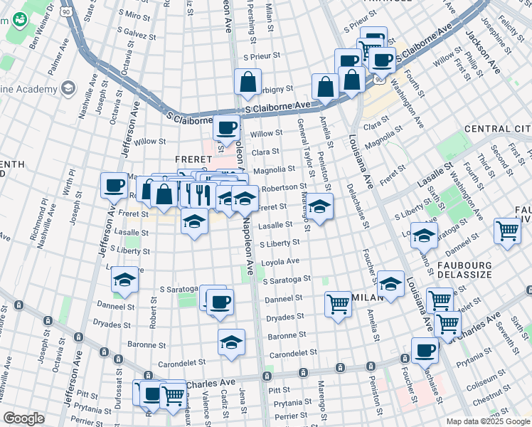 map of restaurants, bars, coffee shops, grocery stores, and more near 2506 General Pershing Street in New Orleans