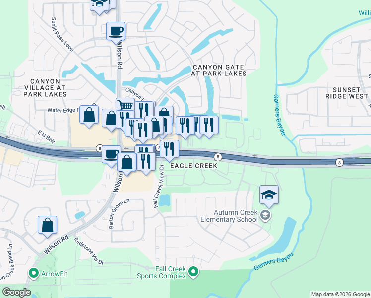 map of restaurants, bars, coffee shops, grocery stores, and more near 9709 North Sam Houston Parkway East in Humble