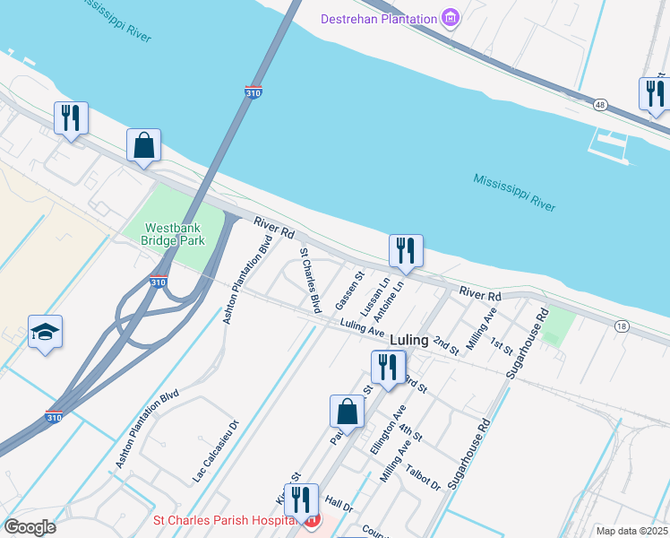 map of restaurants, bars, coffee shops, grocery stores, and more near 200 Bradwall Street in Luling