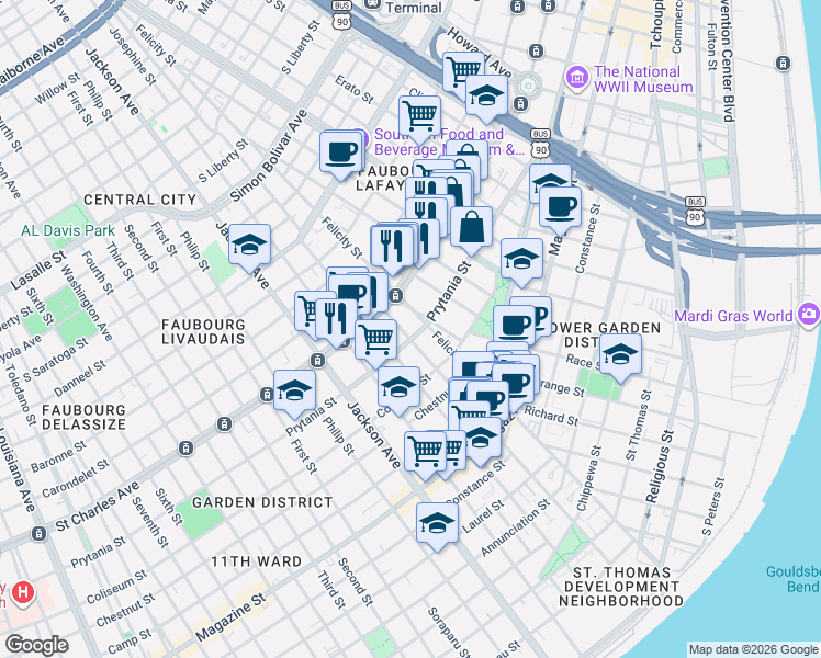 map of restaurants, bars, coffee shops, grocery stores, and more near 1823 Prytania Street in New Orleans