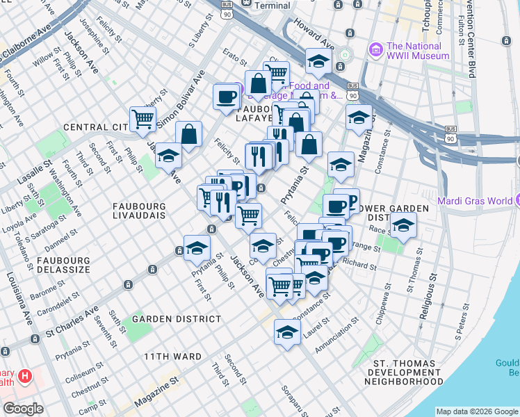map of restaurants, bars, coffee shops, grocery stores, and more near 1900 Saint Charles Avenue in New Orleans