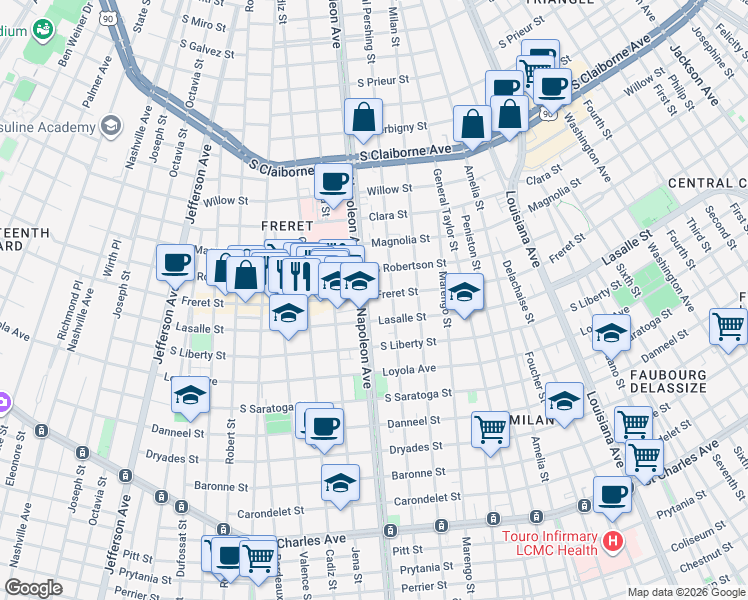 map of restaurants, bars, coffee shops, grocery stores, and more near 2506 General Pershing Street in New Orleans
