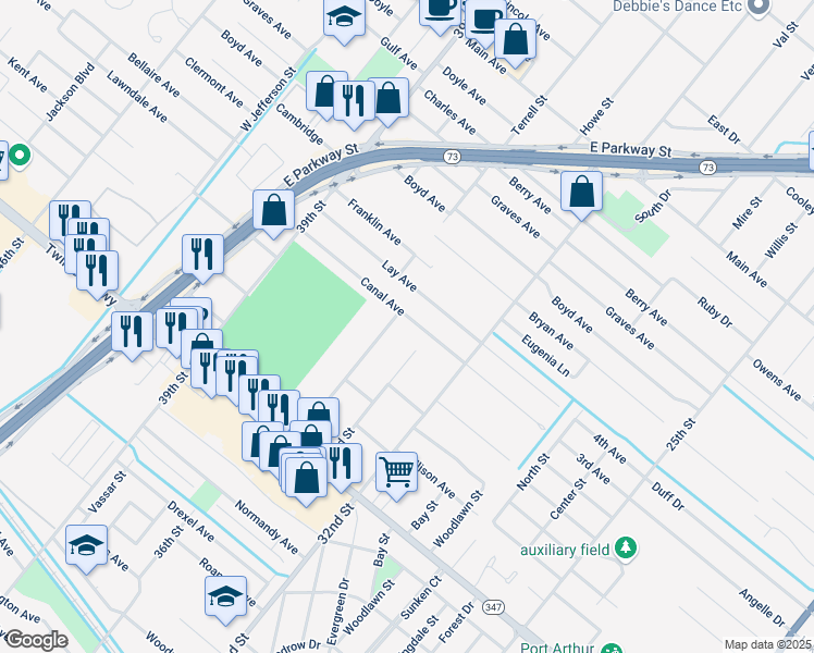 map of restaurants, bars, coffee shops, grocery stores, and more near 3477 Canal Avenue in Groves