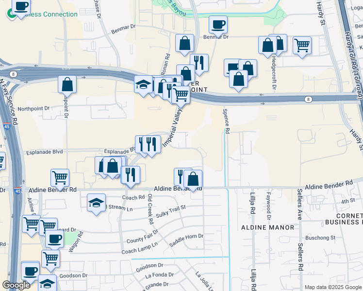map of restaurants, bars, coffee shops, grocery stores, and more near 1889 Imperial Valley Drive in Houston