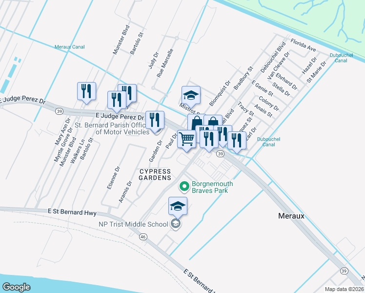 map of restaurants, bars, coffee shops, grocery stores, and more near 2537 Paul Drive in Meraux