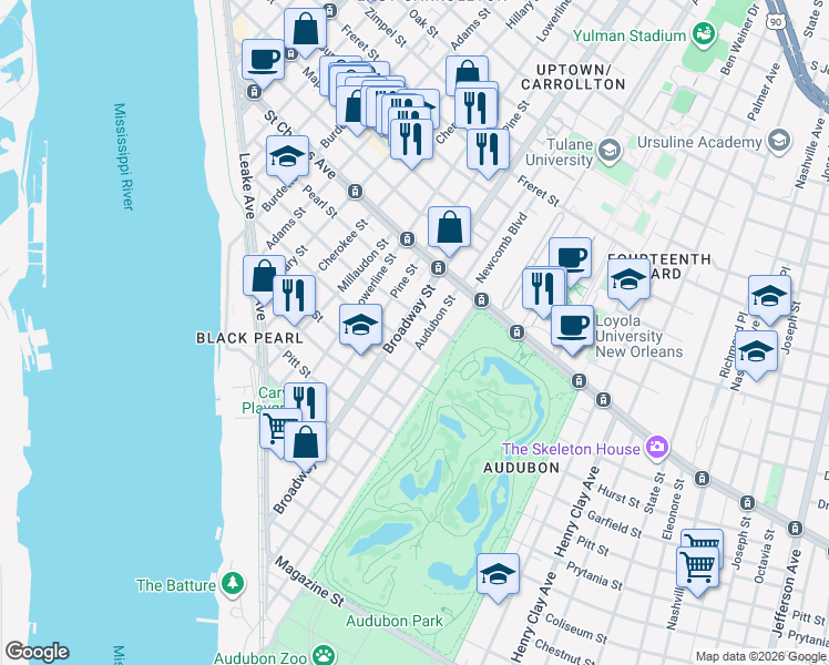 map of restaurants, bars, coffee shops, grocery stores, and more near 7100 Dominican Street in New Orleans