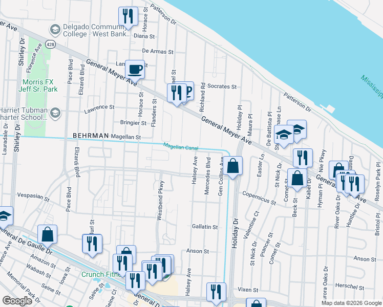 map of restaurants, bars, coffee shops, grocery stores, and more near 1737 Richland Road in New Orleans