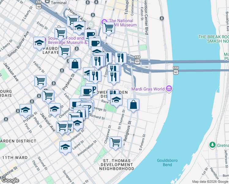 map of restaurants, bars, coffee shops, grocery stores, and more near 1450 Annunciation Street in New Orleans