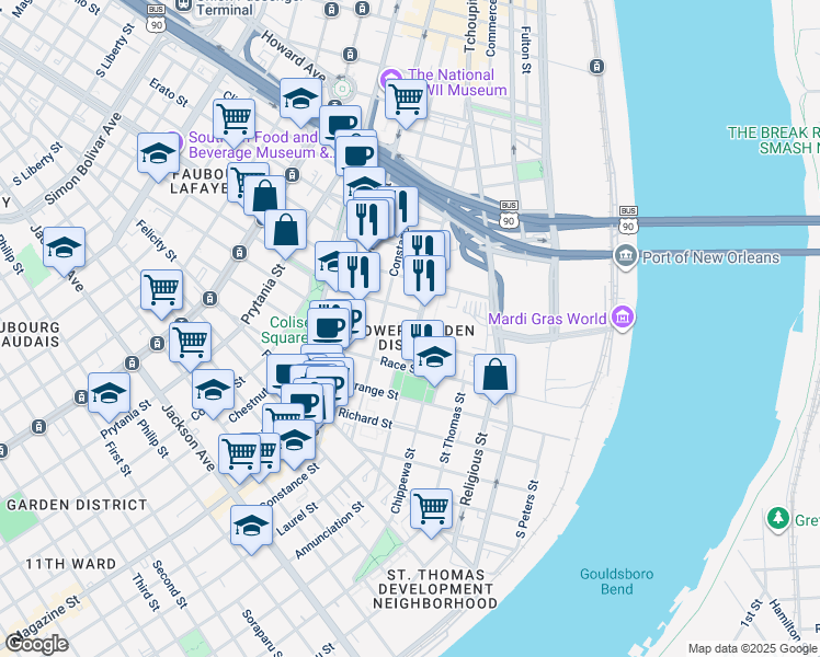 map of restaurants, bars, coffee shops, grocery stores, and more near 931 Euterpe Street in New Orleans