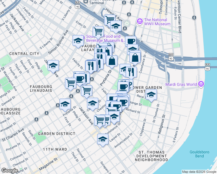 map of restaurants, bars, coffee shops, grocery stores, and more near 1765 Coliseum Street in New Orleans