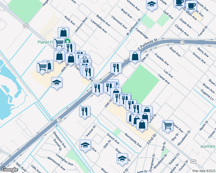 map of restaurants, bars, coffee shops, grocery stores, and more near 4000 Twin City Highway in Groves