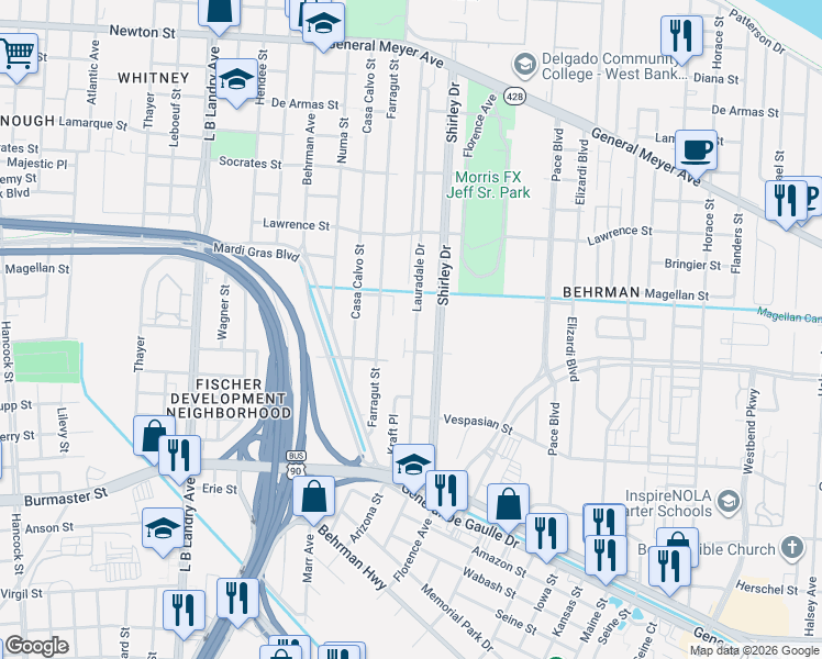 map of restaurants, bars, coffee shops, grocery stores, and more near 1839 Lauradale Drive in New Orleans