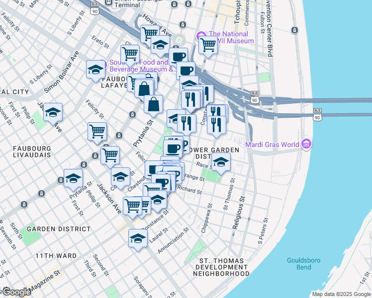 map of restaurants, bars, coffee shops, grocery stores, and more near 1432 Magazine Street in New Orleans