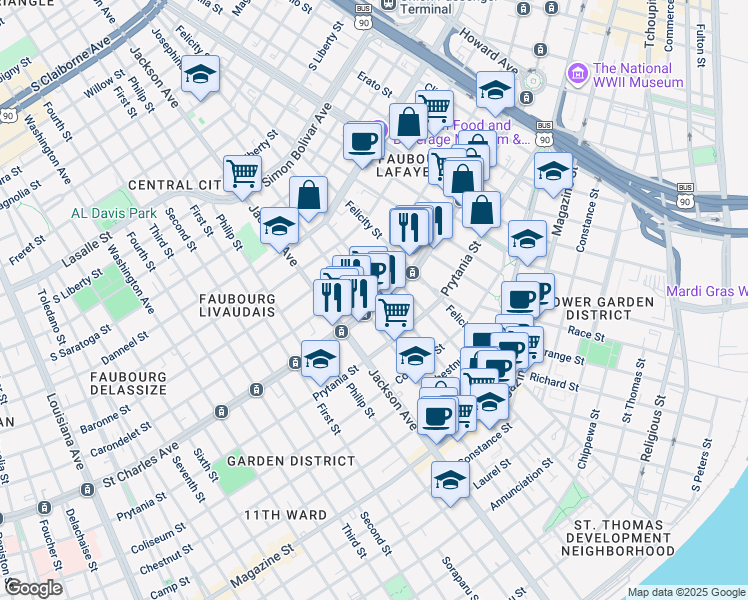 map of restaurants, bars, coffee shops, grocery stores, and more near 2009 Saint Charles Avenue in New Orleans