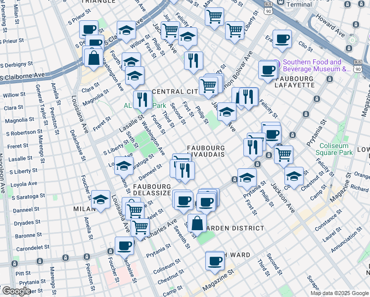 map of restaurants, bars, coffee shops, grocery stores, and more near 2014 Third Street in New Orleans