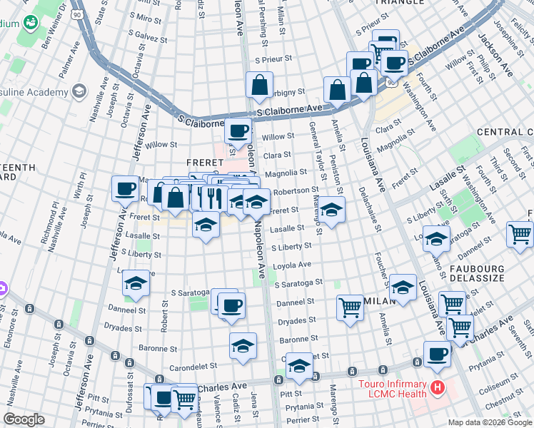 map of restaurants, bars, coffee shops, grocery stores, and more near 2506 General Pershing Street in New Orleans