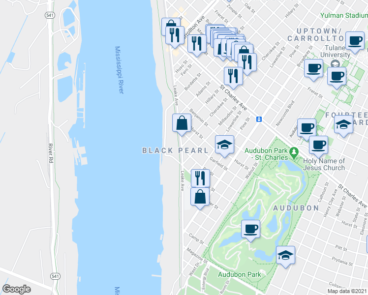 map of restaurants, bars, coffee shops, grocery stores, and more near 134 Cherokee Street in New Orleans