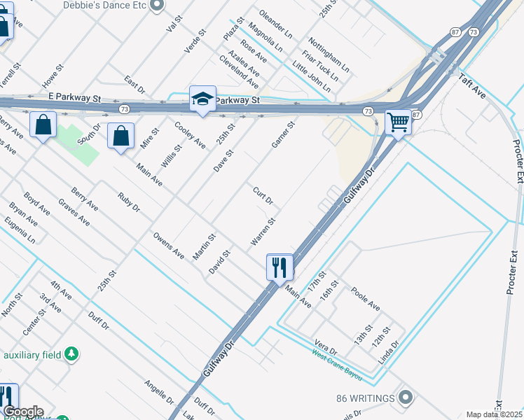 map of restaurants, bars, coffee shops, grocery stores, and more near 2131 Curt Drive in Groves