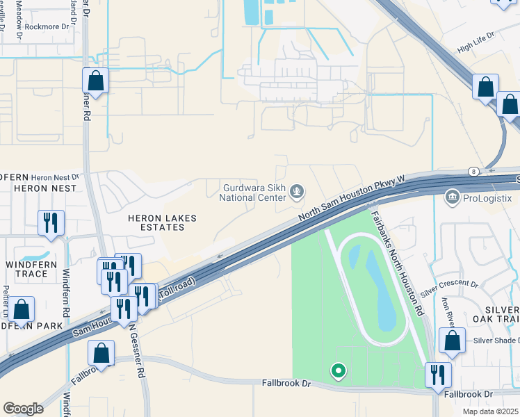 map of restaurants, bars, coffee shops, grocery stores, and more near 11106 Camino Oaks Drive in Houston