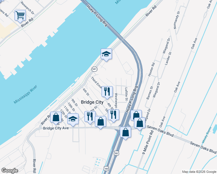 map of restaurants, bars, coffee shops, grocery stores, and more near 164 2nd Street in Bridge City