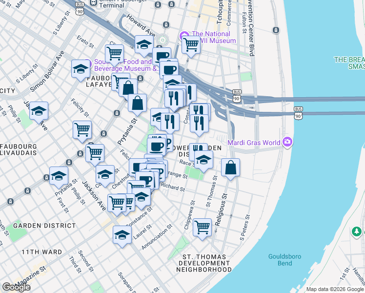 map of restaurants, bars, coffee shops, grocery stores, and more near 931 Euterpe Street in New Orleans