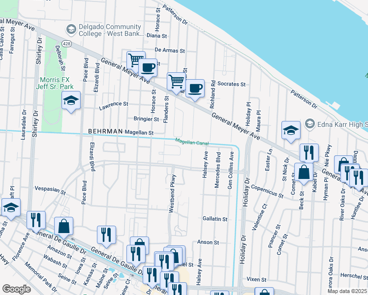 map of restaurants, bars, coffee shops, grocery stores, and more near 3470 Catalina Drive in New Orleans