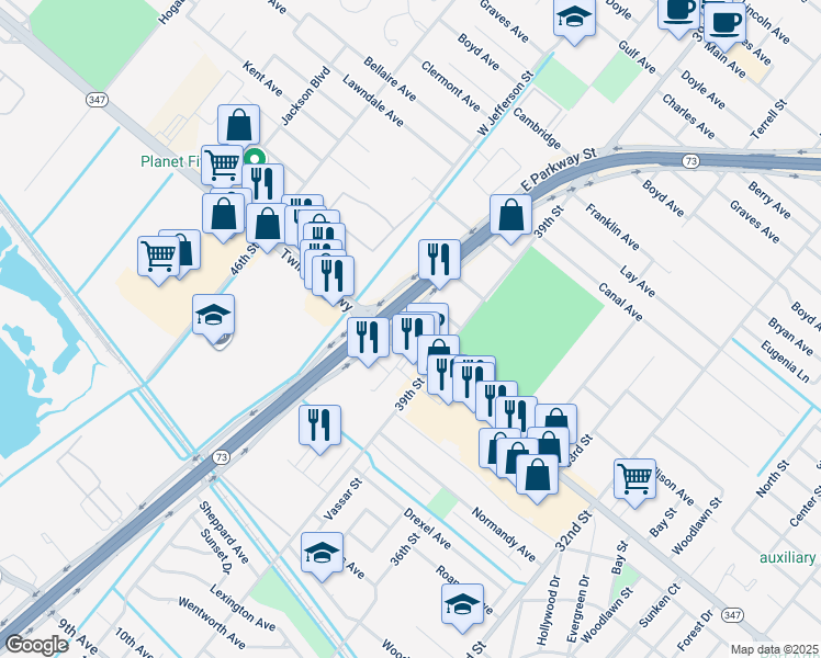 map of restaurants, bars, coffee shops, grocery stores, and more near 4000 Twin City Highway in Groves