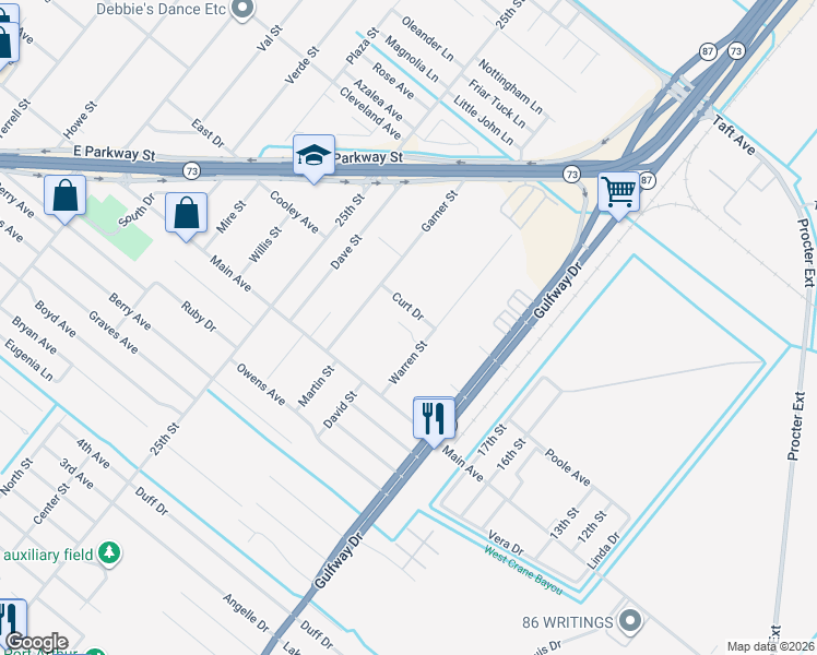 map of restaurants, bars, coffee shops, grocery stores, and more near 2131 Curt Dr in Groves