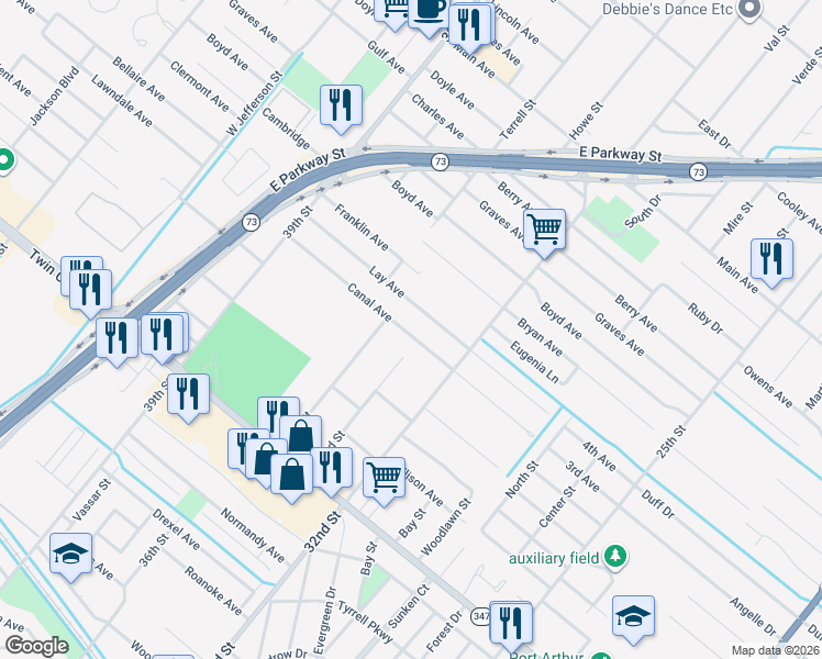 map of restaurants, bars, coffee shops, grocery stores, and more near 3411 Lay Avenue in Groves