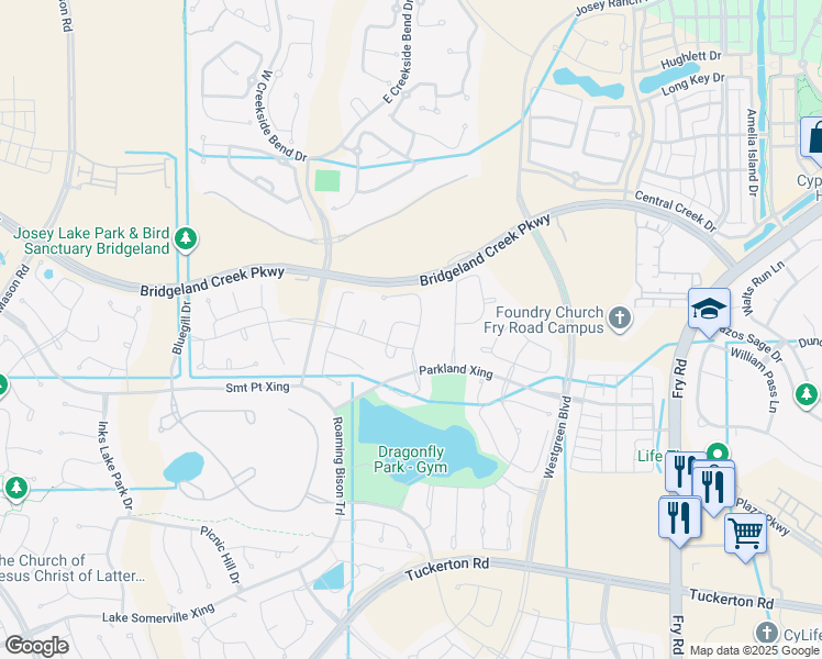 map of restaurants, bars, coffee shops, grocery stores, and more near 16210 Big Pine Trail in Cypress