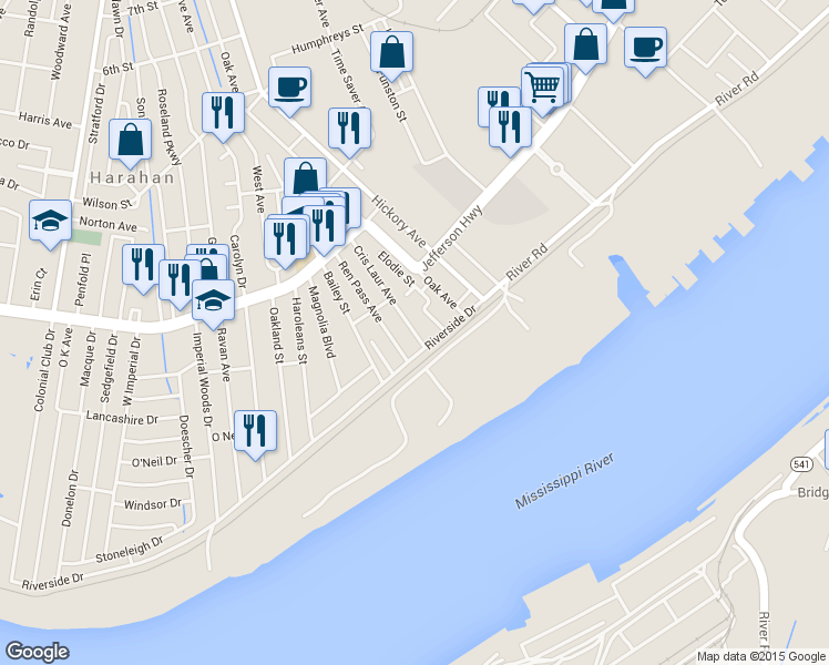 map of restaurants, bars, coffee shops, grocery stores, and more near 35 Crislaur Ave in Harahan